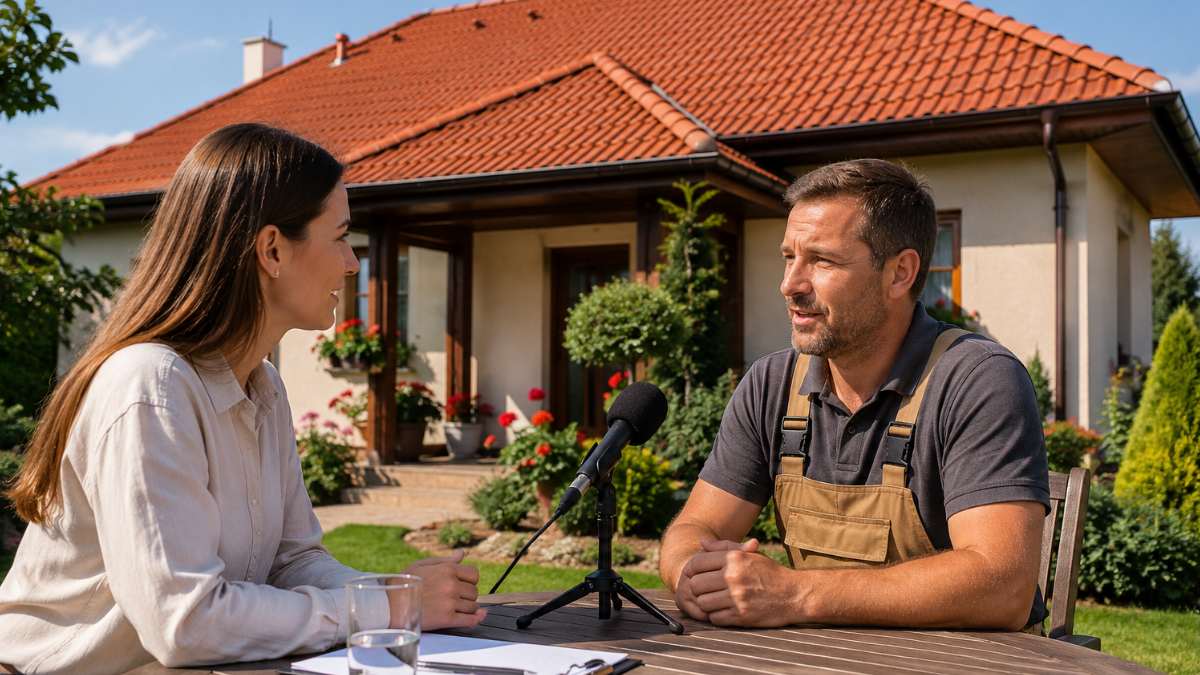 Interjú a Tetőtechnika tetőfedő szakemberével egy családi ház előtt modern piros cseréptetővel