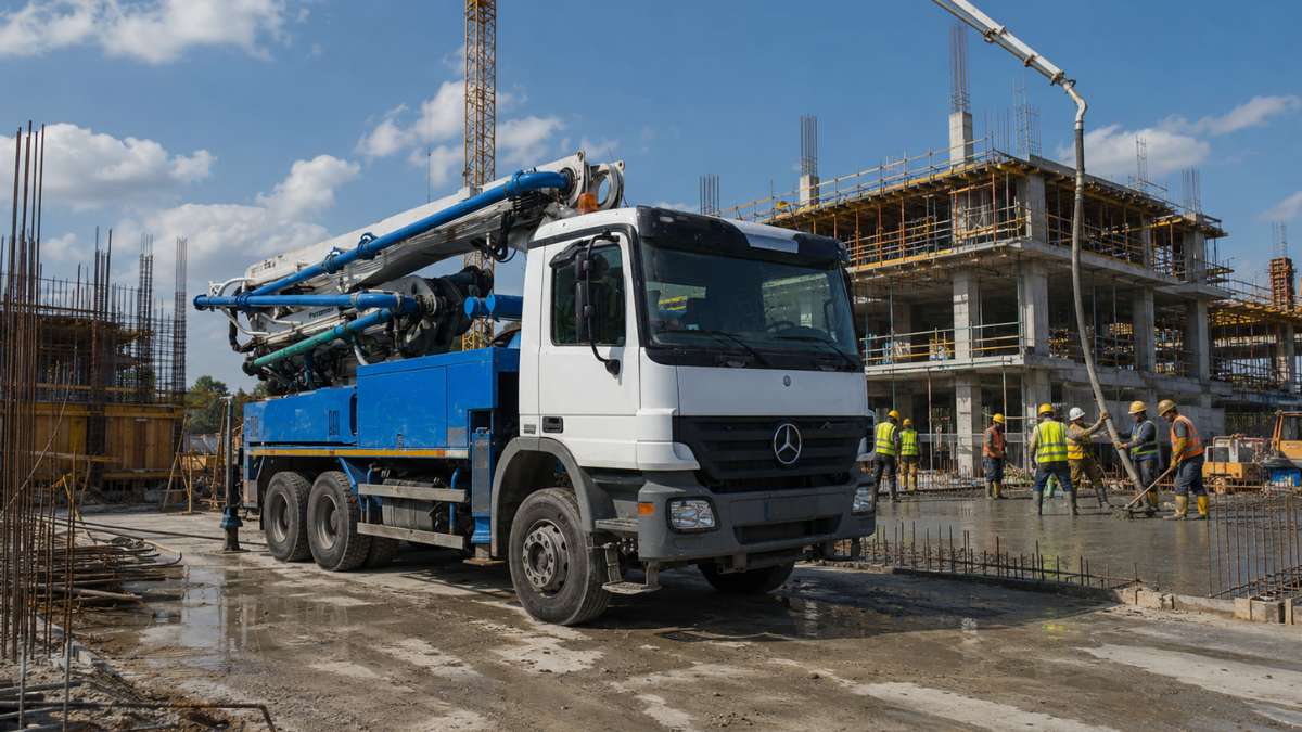 Betonpumpás teherautó nagy építkezési helyszínen, ahol betonozási munkák zajlanak Budapesten és Pest megyében